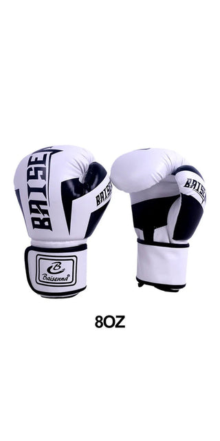 Sleek white and black boxing gloves with the brand name "Battle" displayed prominently. The gloves are designed for boxing and other combat sports, featuring a durable construction and padded interior for protective training.