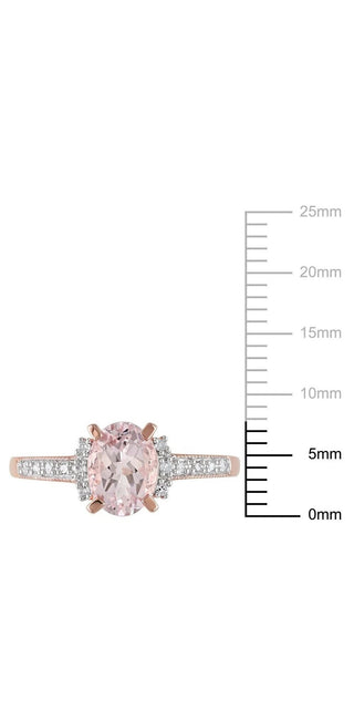 Elegant morganite and diamond accent rose gold ring showcasing a captivating oval-cut morganite center stone in a halo setting surrounded by shimmering round-cut diamonds.
