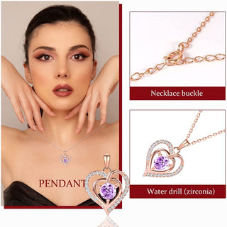 Elegant heart-shaped pendant necklace with sparkling purple zircon gemstones, showcased on woman's neck against neutral background.