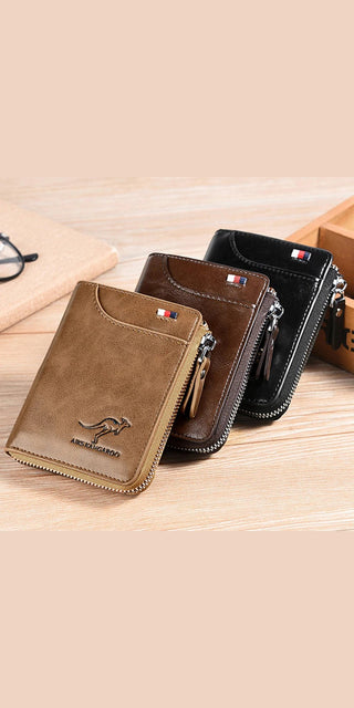 Men's leather wallets with zipper and RFID protection showcased on a wooden surface