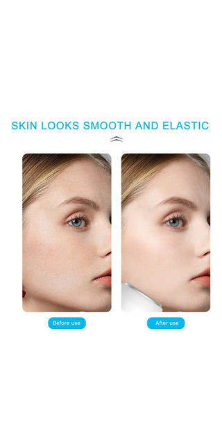 Close-up images of a woman's face, showcasing a skin care facial roller product from the K-AROLE store. The image highlights the smooth, elastic appearance of the skin before and after using the product, emphasizing its skin-smoothing benefits.