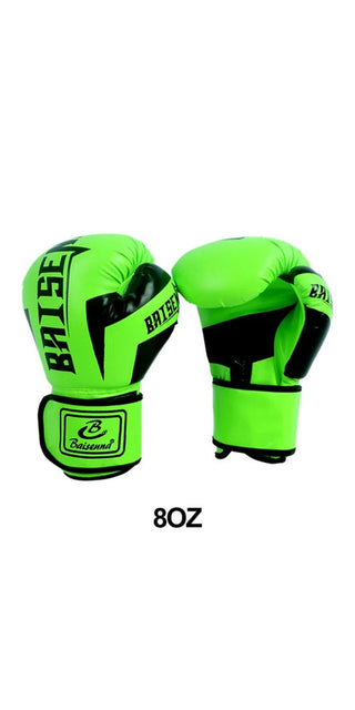 Bright green boxing gloves with black accents displayed on a plain white background. The gloves feature a sleek, modern design and appear to be suitable for boxing or other combat sports training. The vibrant green color of the gloves makes them stand out prominently in the image.