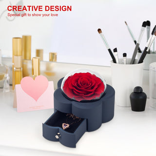 Preserved red rose in elegant black gift box with makeup brushes and accessories
