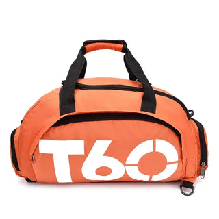 Sporty orange and black gym bag with "T60" branding, featuring multiple pockets and a durable, water-resistant design for fitness enthusiasts.