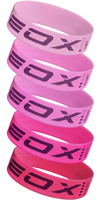 Vibrant resistance bands in various shades of pink, featuring the EOX brand logo. These durable fabric loop bands are designed for leg, butt, and glute training, offering 5 resistance levels to challenge your workouts.