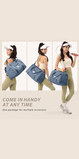Stylish gym bag with multiple compartments and wet pockets for versatile use during workouts, travel, and daily activities.
