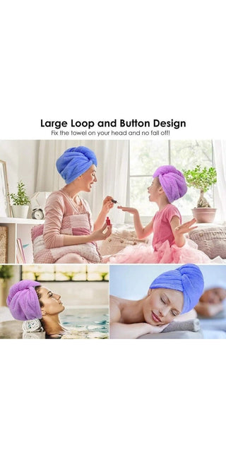 Absorbent microfiber hair towel wrap with large loop and button design for fast, convenient hair drying
