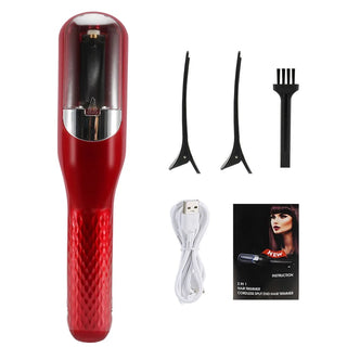 Professional Hair Split Ends Trimmer for Women - Elegant red handheld device with accessories including three hair trimmer attachments and a USB charging cable.