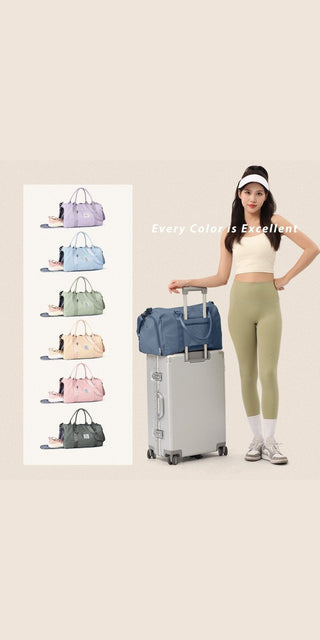 Stylish women's gym bag in various colors, with shoe compartment and wet pocket, versatile for sports, travel, or everyday use.