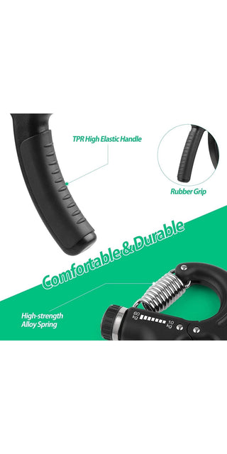 Adjustable hand grip strengthener with TPR high-elastile handles and rubber grip, featuring a high-strength alloy spring for a comfortable and durable workout experience.