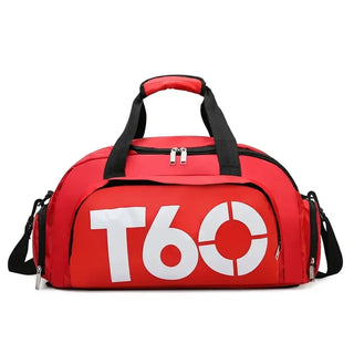 Vibrant red gym bag with white "T6C" branding, featuring multiple zippered compartments and adjustable shoulder straps for convenience and versatility. This durable, sporty bag is perfect for fitness enthusiasts and gym-goers looking to transport their workout essentials in style.