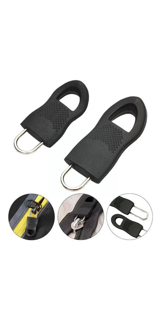 Universal zipper repair kit with sliding teeth and replacement tools for clothes, backpacks, and bags in black color.