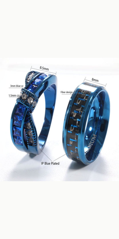 2 Blue Matching Rings Couple Ring 1CT AAA CZ Women Wedding Ring Female Ring
