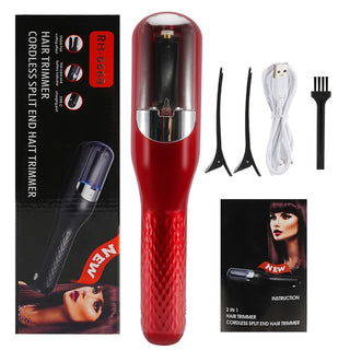 Sleek and professional hair trimmer for women, featuring a compact design and modern red hue. Includes attachments for precise split-end cutting and styling. Ideal for maintaining healthy, groomed locks.
