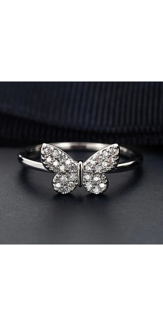 Sparkling Butterfly Charm: Delicate crystal-embellished silver ring featuring an elegant butterfly design, perfect for adding a touch of glamour to any outfit.