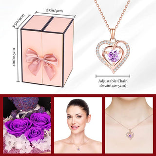 Rose gold heart-shaped pendant necklace with adjustable chain, presented in a pink gift box with ribbon, displayed alongside purple roses and a smiling woman's portrait