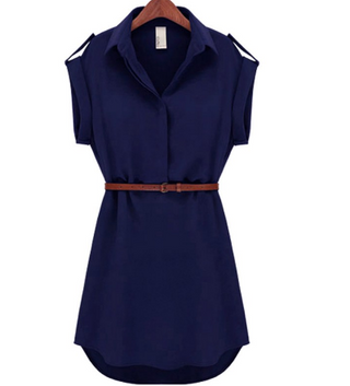 Navy blue chiffon dress with short sleeves, V-neck, and a belt for a casual summer style from K-AROLE.