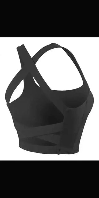 Sleek and supportive black sports bra for active women. Designed with criss-cross straps and a comfortable, breathable fabric.