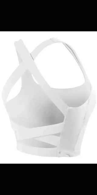 Supportive white sports bra with criss-cross straps, designed for women's active lifestyle.
