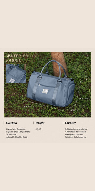 Grey waterproof gym duffel bag with shoe compartment and wet pocket, versatile travel tote for yoga, sports, and weekend getaways.