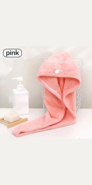 Plush pink microfiber hair towel with button closure, perfect for fast, absorbent hair drying.