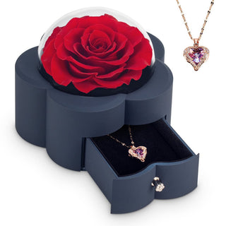 Elegant red preserved rose in a luxury black box with a gold-tone heart-shaped pendant necklace, a romantic gift idea for special occasions.