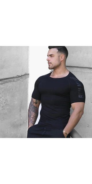 Sleek black compression t-shirt for athletic men, showcasing modern design and fit.