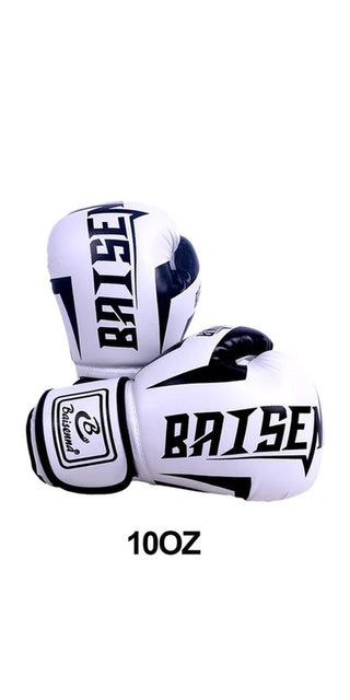 Pair of white and black boxing gloves with "RAISE" text, designed for boxing sports agility reaction training.