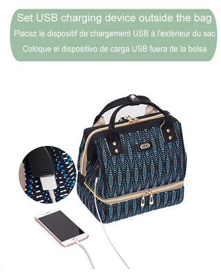 Stylish maternity diaper bag with USB charging port outside the bag for convenient charging on the go