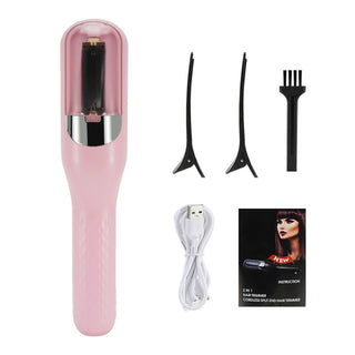 Sleek professional hair trimmer for split ends in stylish pink tone, with additional accessories for precise hairstyling.
