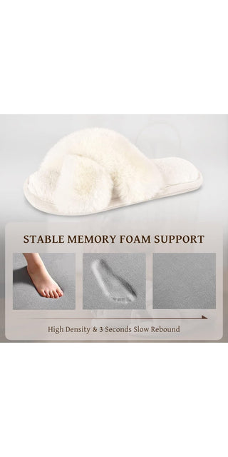 Plush white furry slippers with memory foam support for comfortable, stable wear at home.