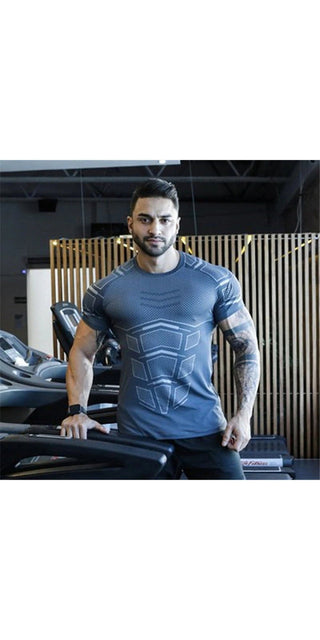 Stylish men's athletic compression t-shirt with modern design, suitable for gym, running and fitness activities.