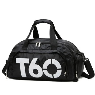 Versatile Black Gym Bag with Large T60 Logo. Durable Water-Resistant Fitness Bag for Sports, Travel, and Outdoor Activities. Spacious Design with Multiple Zippered Compartments.