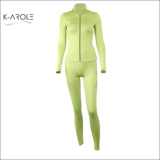 Stylish fitted lime green legging and jacket set from K-AROLE, a trendy women's fashion brand featuring comfortable, versatile activewear.