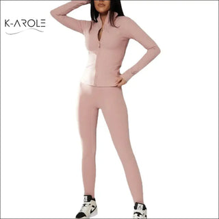 Stylish women's fitted legging and jacket set from K-AROLE, featuring a modern athleisure design in a trendy blush color.