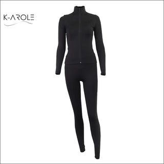 Sleek and stylish women's athletic outfit from K-AROLE. Fitted black leggings and jacket set, designed for comfort and performance.