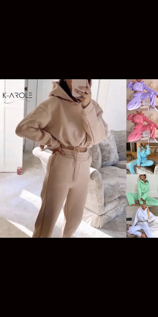 Stylish K-AROLE™️ women's 2-piece jogging suit with hoodie and fitted leggings in neutral beige color.