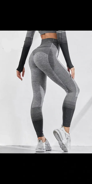 Stylish high-waisted printed leggings with a booty-lifting design, showcased on a female model against a white background.