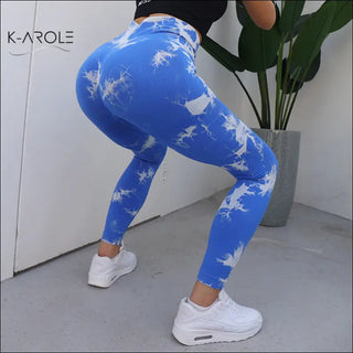 K-AROLE™️ Seamless Yoga Tights: Stylish blue patterned leggings with comfortable and trendy appeal, showcased in a modern, clean setting.