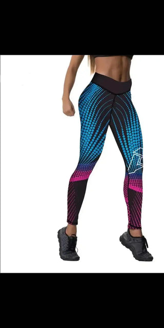 Trendy women's digital print leggings with vibrant, eye-catching pattern in blue, pink, and black tones. Comfortable, high-quality workout pants for active lifestyles.