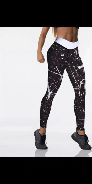 Stylish women's digital print leggings with a bold, cosmic design from K-AROLE. These comfortable, trendy leggings feature a black and white abstract print, perfect for an active lifestyle.