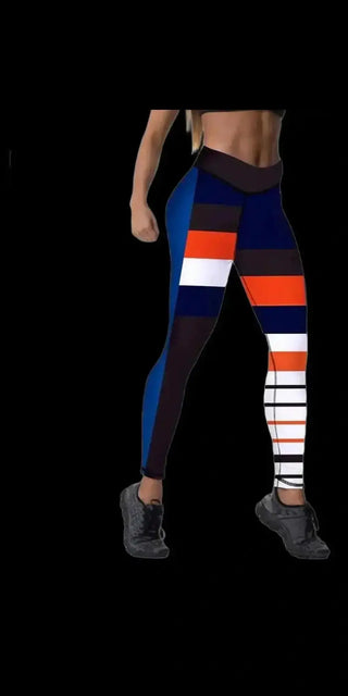 Stylish women's digital print leggings with bold color block pattern, providing both fashionable appeal and comfortable fit for active lifestyles.