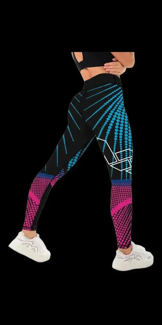 Modern digital print women's leggings with vibrant blue and pink geometric patterns, showcasing style and comfort.