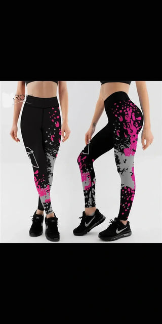 Trendy women's digital print leggings with bold pink and black abstract patterns, providing both comfort and style.
