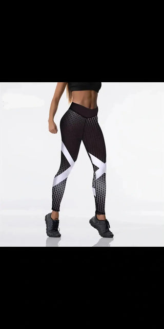 Trendy women's digital print leggings in black, white, and gray with a sleek, modern design from the K-AROLE fashion brand.