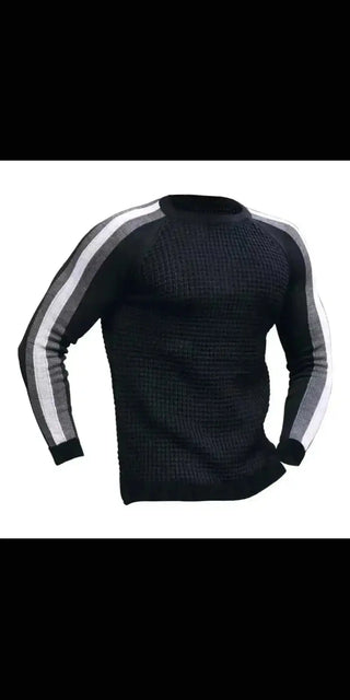 Fashionable men's knit sweater with contrast color blocking and slim fit silhouette from K-AROLE.