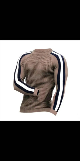 Stylish men's knit sweater with contrast sleeve stripes from K-AROLE's casual athleisure collection.