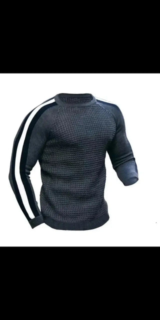 Sophisticated men's contrast slim fit sports casual sweater from K-AROLE. Showcases a textured knit design and stylish side stripes for a contemporary athleisure look.