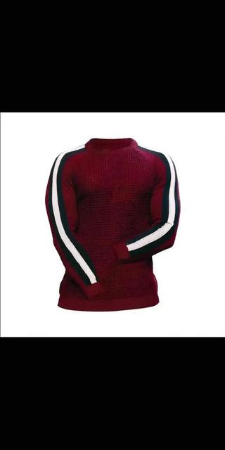 Stylish men's contrast slim bottom sports casual burgundy sweater by K-AROLE featuring a cozy knit design with white and black accents.