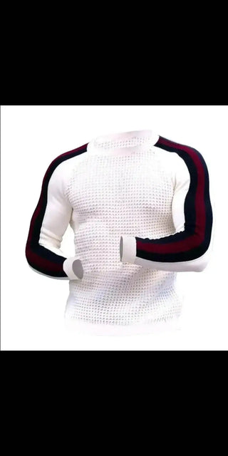 Stylish men's contrast sports sweater from K-AROLE. Comfortable white texture with sleek burgundy accents, perfect for active athleisure wear.